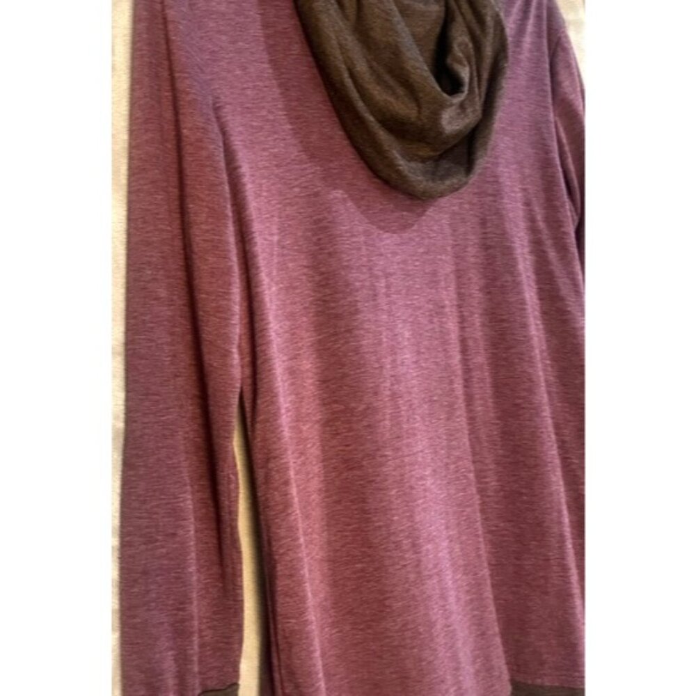 Womens Long Sleeve Cowl Neck Scarf Top Purple Plum Brown Heathered Elbow Patch - Picture 5 of 11
